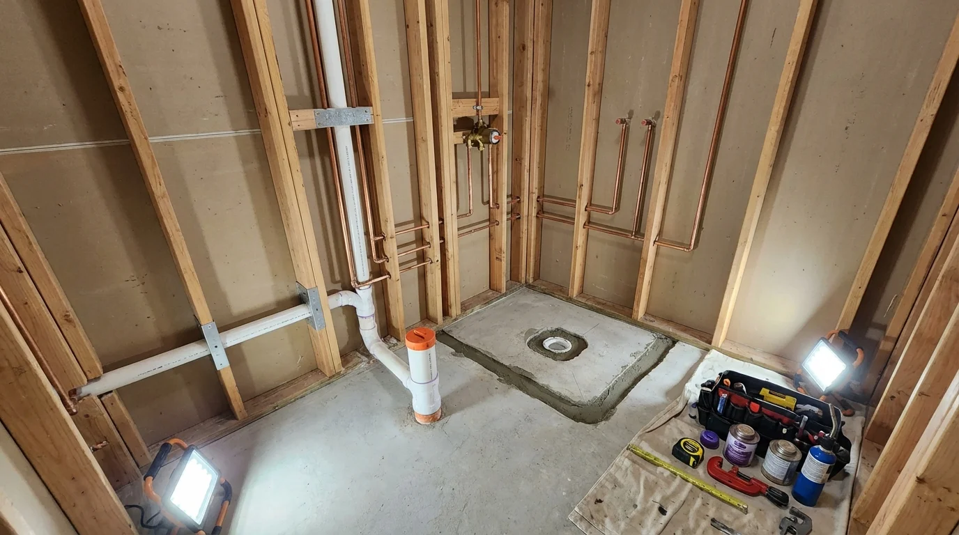 Bathroom rough-in plumbing during remodel by Johns Plumbing LLC in Pacific City