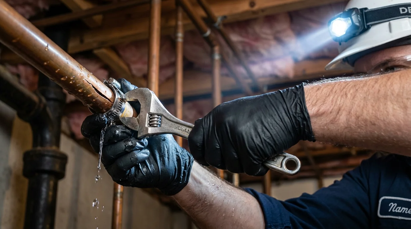 Emergency pipe clamp repair being performed by a Johns Plumbing LLC plumber in Pacific City