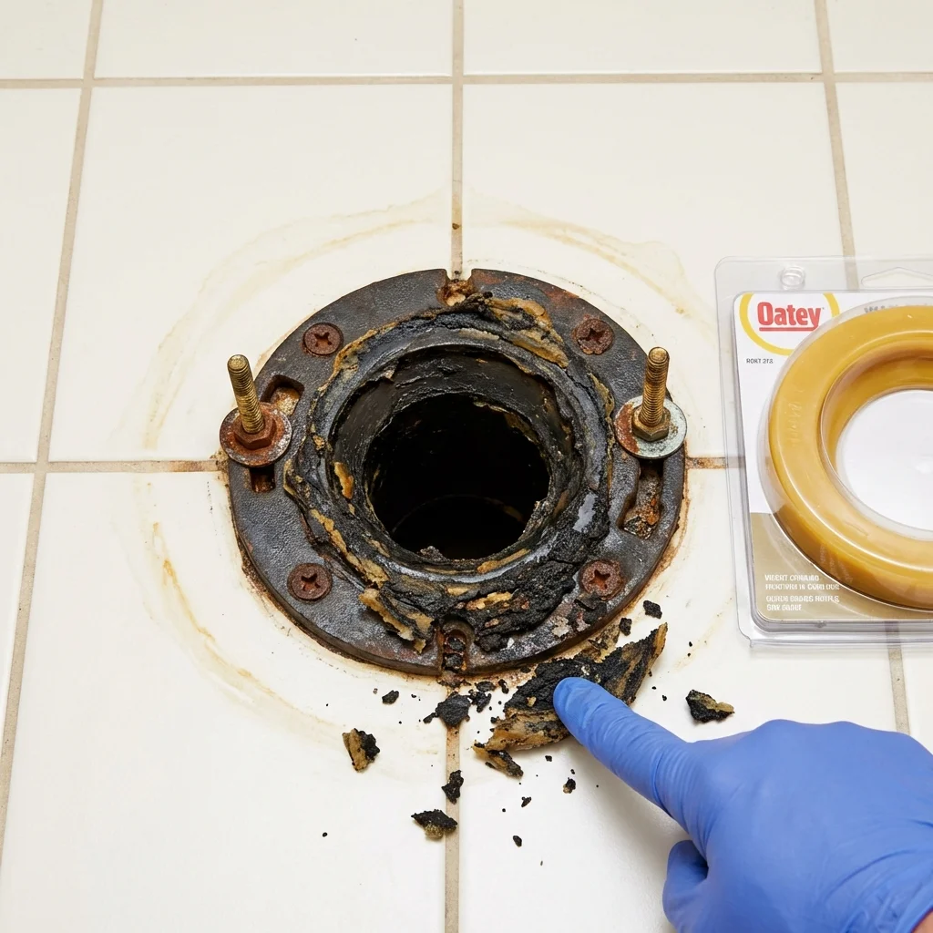Failed wax ring showing water seepage at the base of a toilet in a Pacific City, OR home