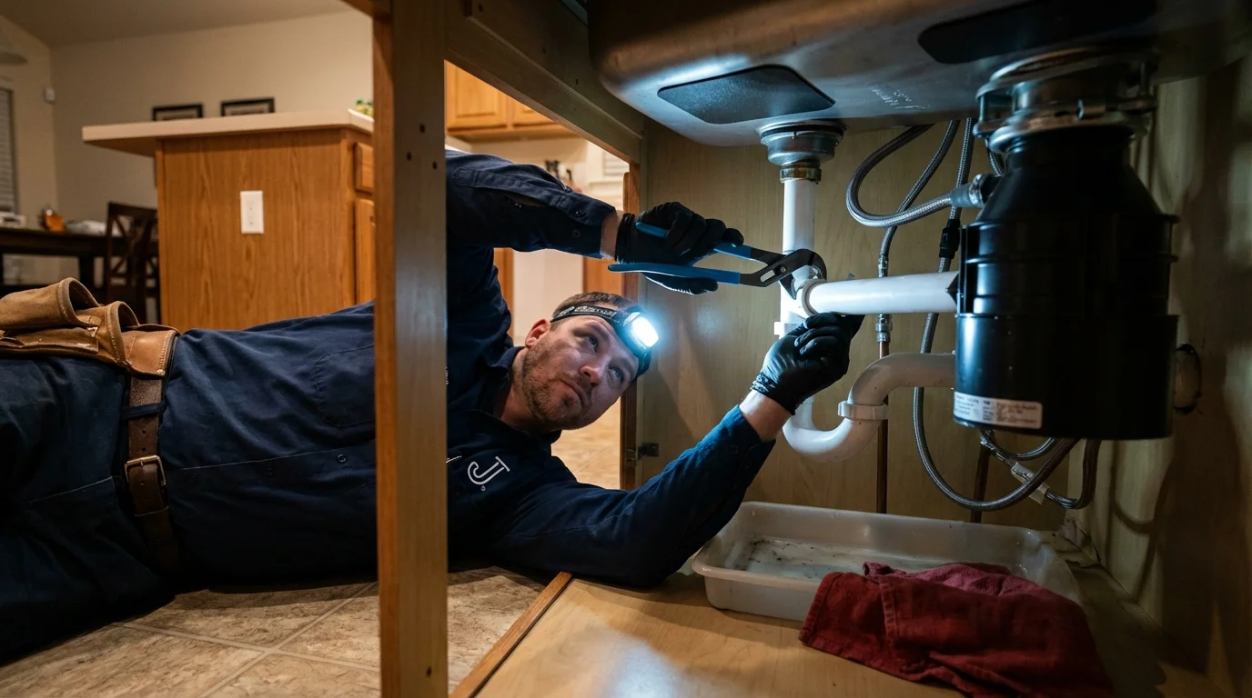 P-trap and supply line connections under a kitchen sink showing a common leak point in Pacific City, OR